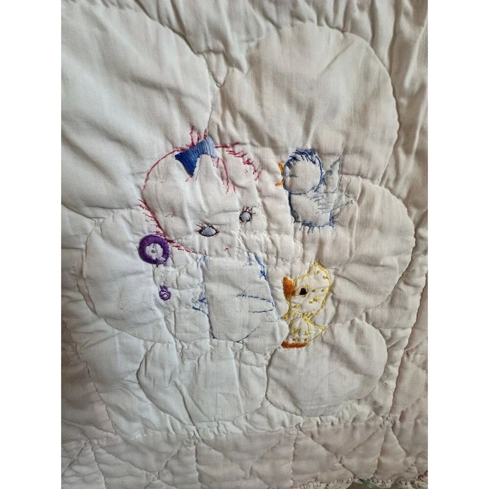 Vintage Handmade Baby Quilt – Embroidered Nursery Animals Pink 52 X 42